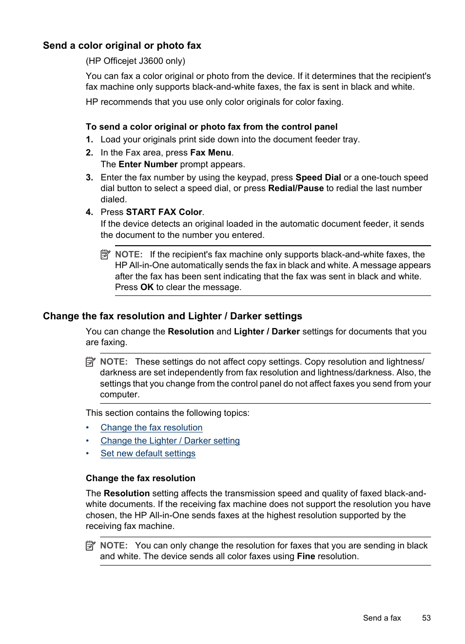 Send a color original or photo fax, Change the fax resolution | HP Officejet J3680 All-in-One Printer User Manual | Page 57 / 186