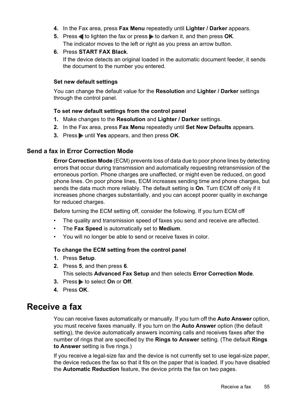 Set new default settings, Send a fax in error correction mode, Receive a fax | HP Officejet J3680 All-in-One Printer User Manual | Page 59 / 186