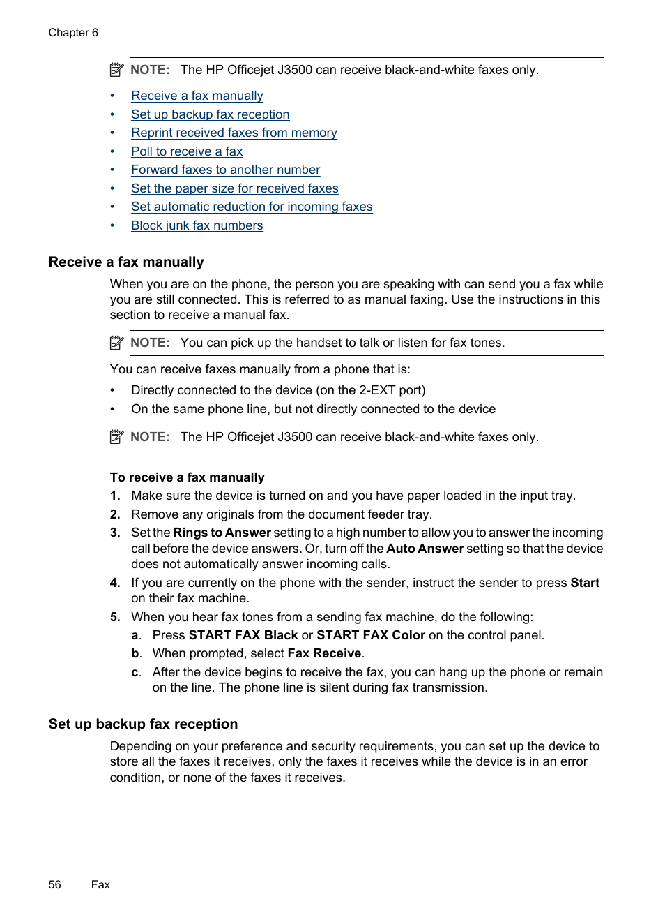 Receive a fax manually, Set up backup fax reception | HP Officejet J3680 All-in-One Printer User Manual | Page 60 / 186