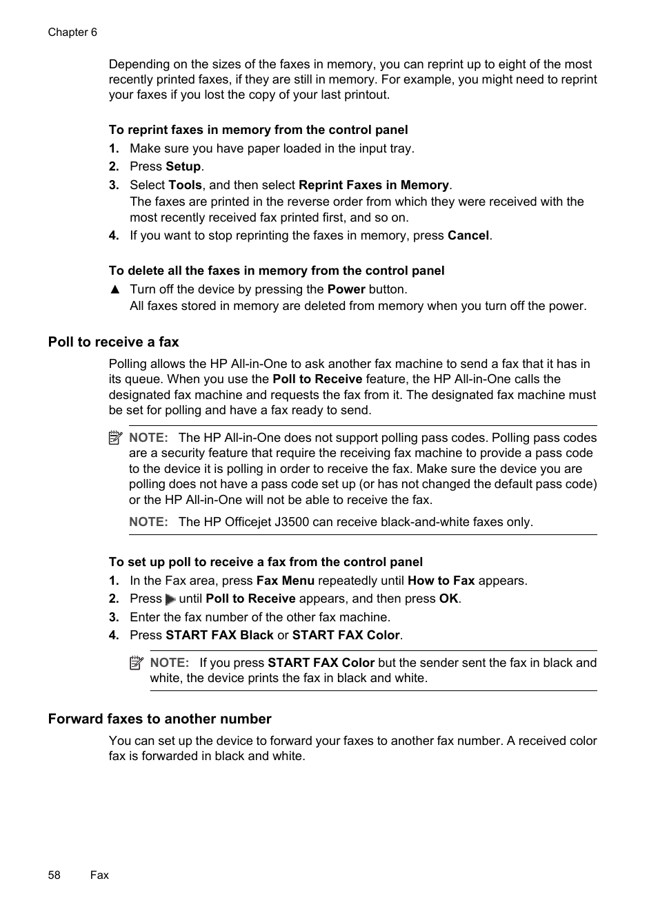 Poll to receive a fax, Forward faxes to another number | HP Officejet J3680 All-in-One Printer User Manual | Page 62 / 186