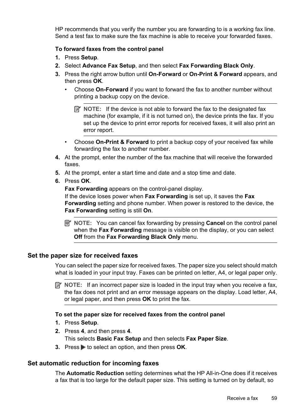 Set the paper size for received faxes, Set automatic reduction for incoming faxes | HP Officejet J3680 All-in-One Printer User Manual | Page 63 / 186