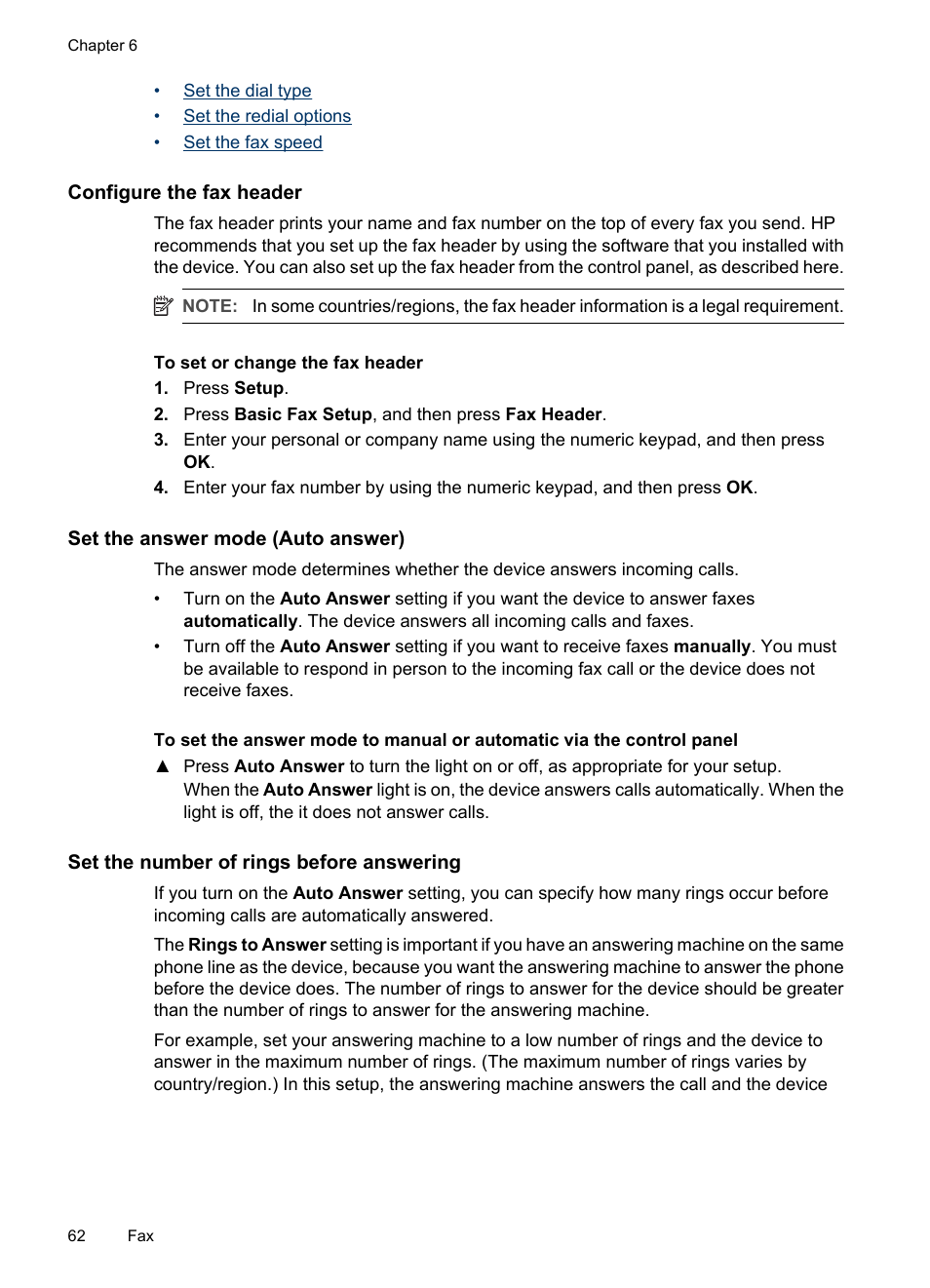 Configure the fax header, Set the answer mode (auto answer), Set the number of rings before answering | HP Officejet J3680 All-in-One Printer User Manual | Page 66 / 186