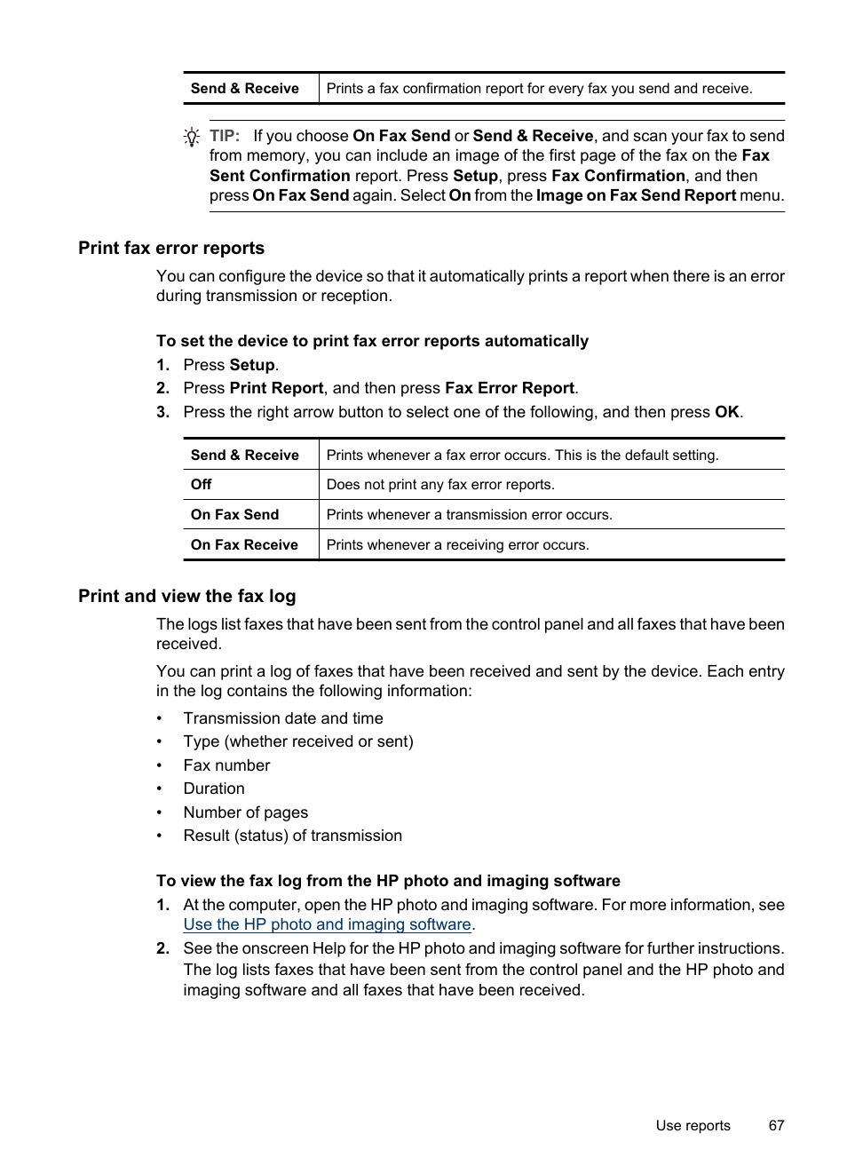 Print fax error reports, Print and view the fax log | HP Officejet J3680 All-in-One Printer User Manual | Page 71 / 186