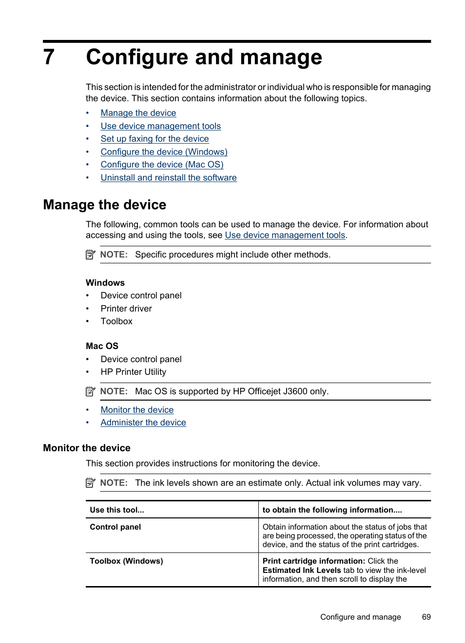 Configure and manage, Manage the device, Monitor the device | 7 configure and manage, Monitor the device administer the device, 7configure and manage | HP Officejet J3680 All-in-One Printer User Manual | Page 73 / 186