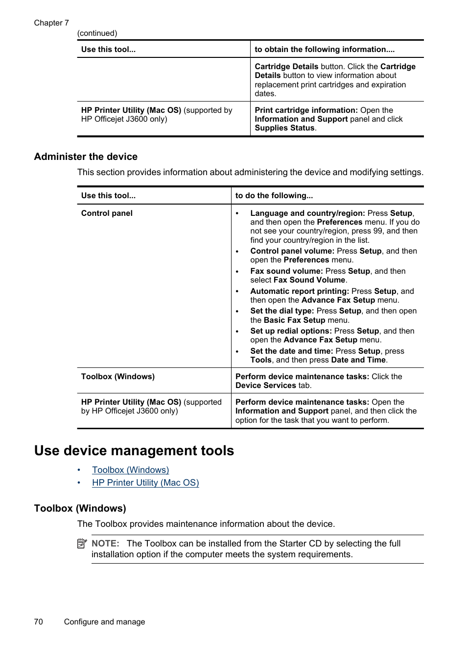 Administer the device, Use device management tools, Toolbox (windows) | Open the toolbox toolbox tabs, Hp printer utility (mac os) | HP Officejet J3680 All-in-One Printer User Manual | Page 74 / 186