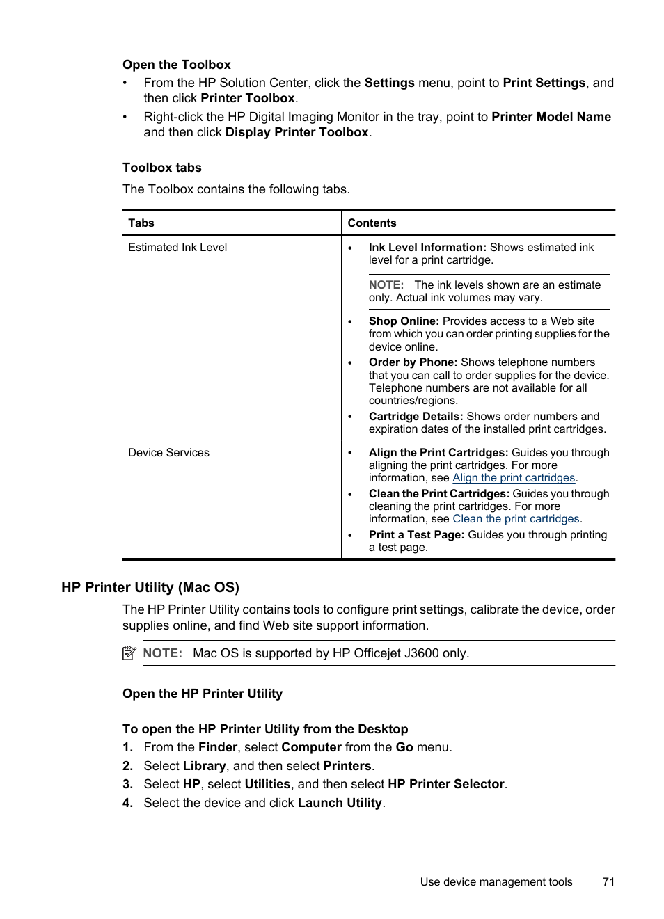 Open the toolbox, Toolbox tabs, Hp printer utility (mac os) | Open the hp printer utility, Printer utility (mac os) | HP Officejet J3680 All-in-One Printer User Manual | Page 75 / 186