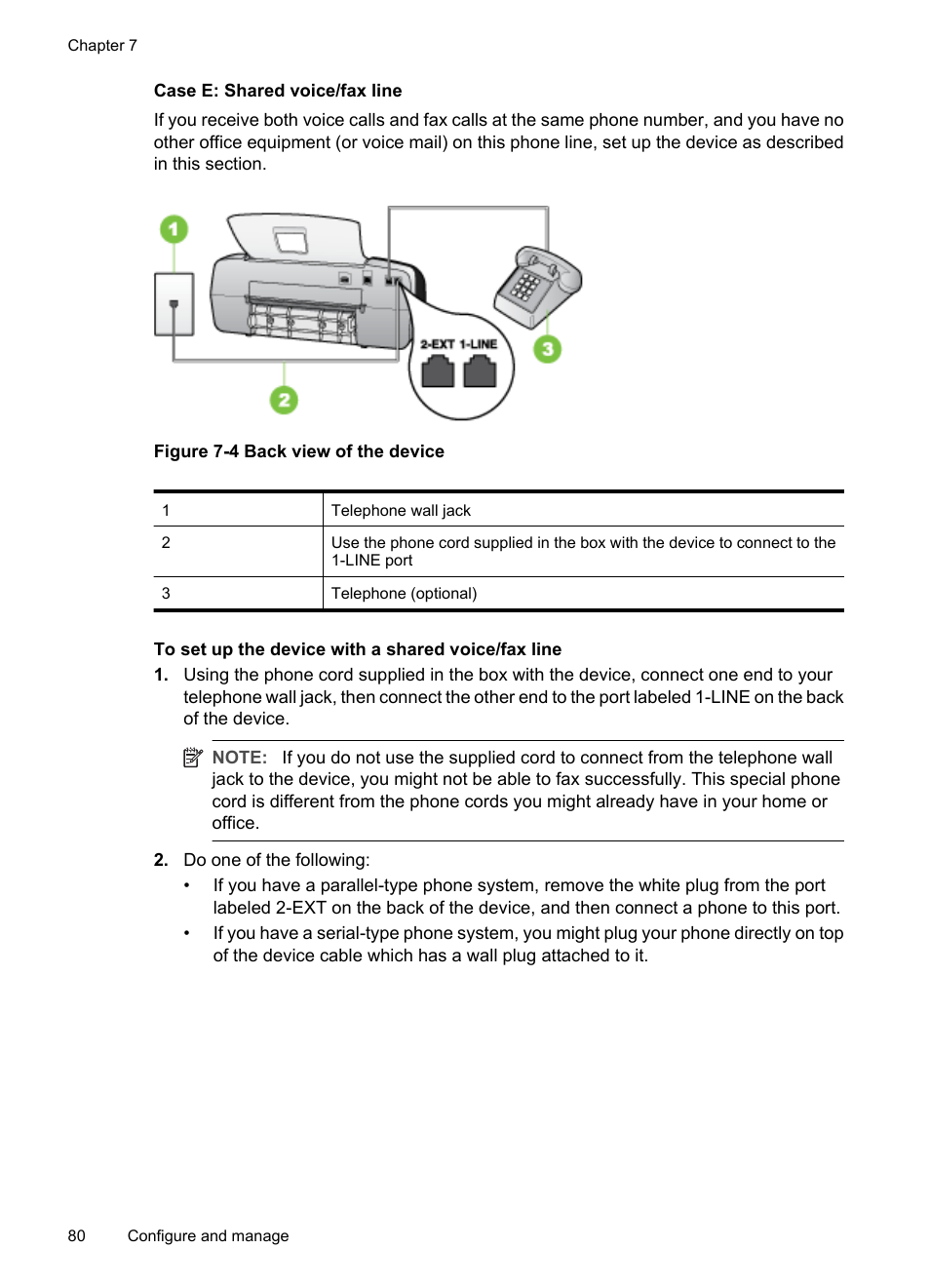 Case e: shared voice/fax line | HP Officejet J3680 All-in-One Printer User Manual | Page 84 / 186