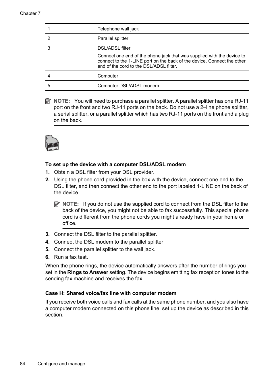 Case h: shared voice/fax line with computer modem | HP Officejet J3680 All-in-One Printer User Manual | Page 88 / 186