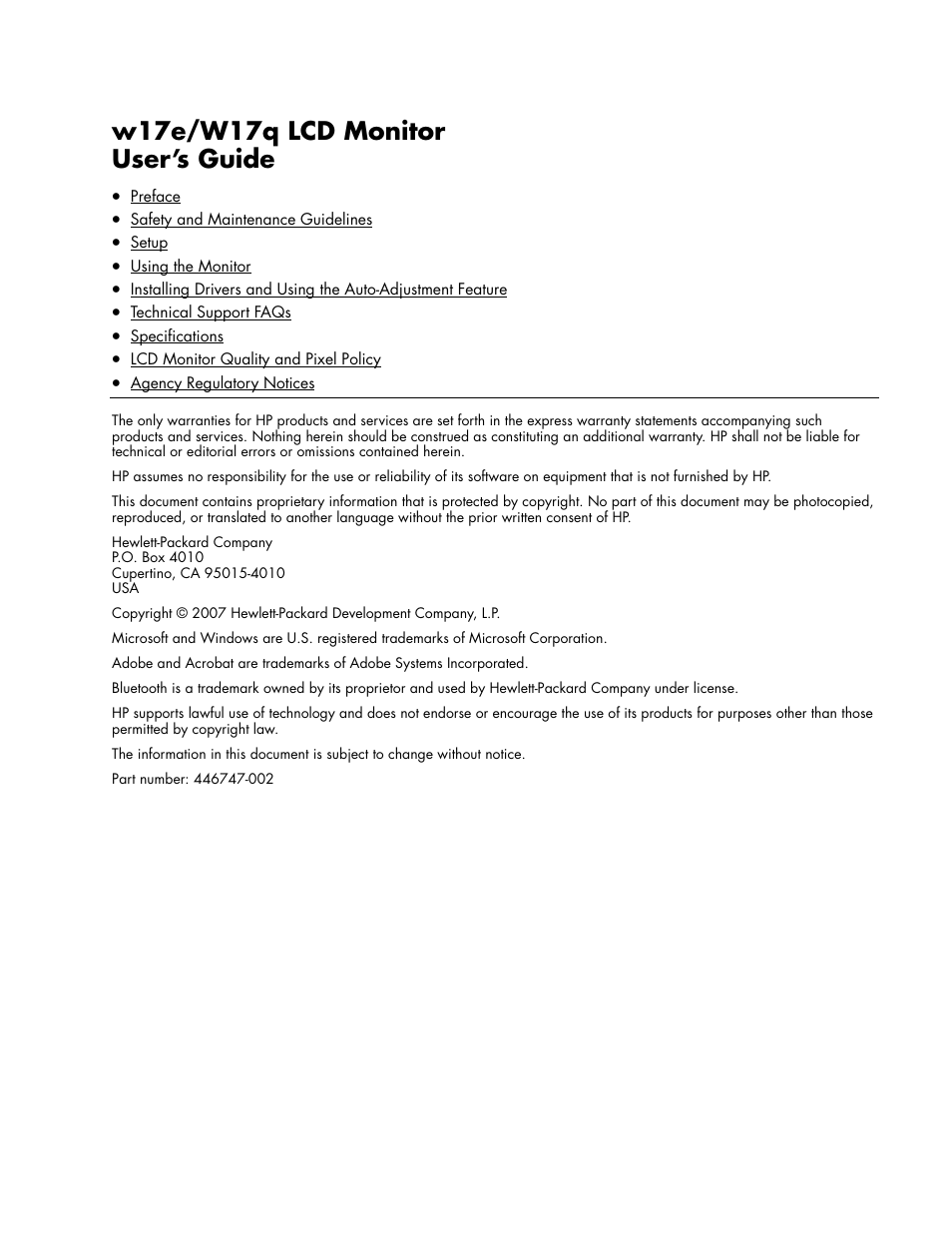HP Pavilion w17e 17 inch Flat Panel Monitor User Manual | 28 pages