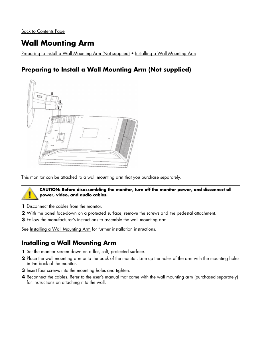 Wall mounting arm, Installing a wall mounting arm | HP Pavilion w17e 17 inch Flat Panel Monitor User Manual | Page 10 / 28