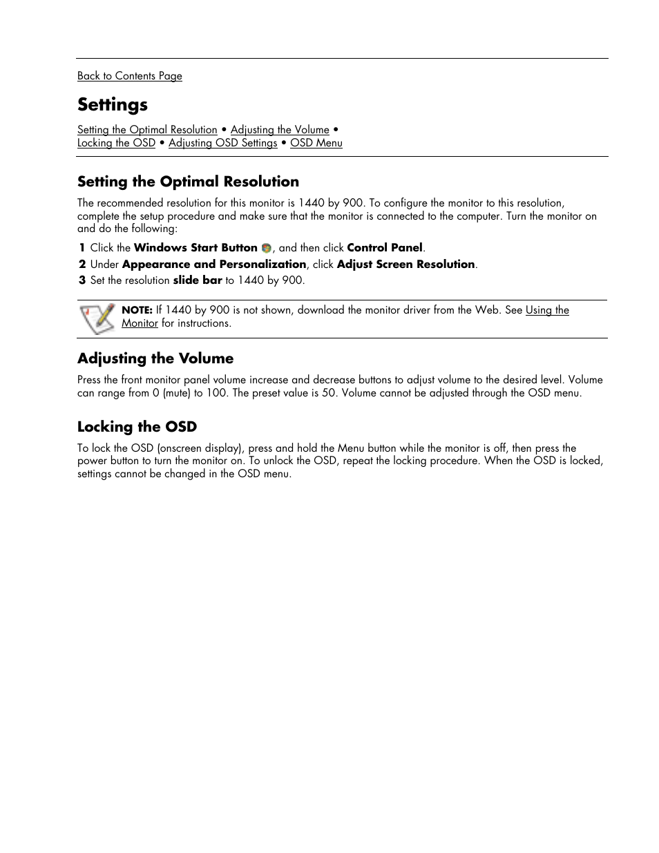 Settings, Setting the optimal resolution, Adjusting the volume | Using headphones, Locking the osd | HP Pavilion w17e 17 inch Flat Panel Monitor User Manual | Page 13 / 28
