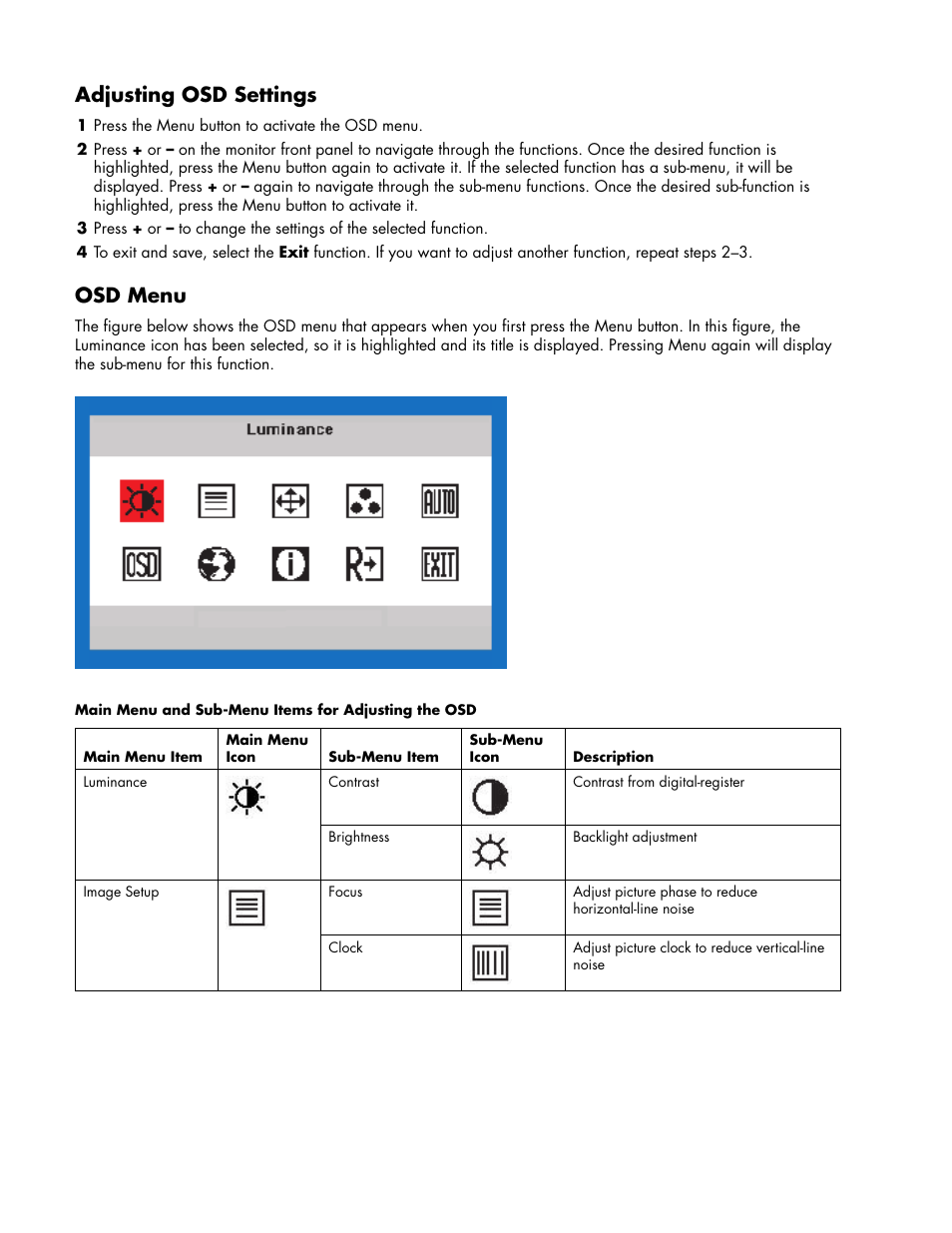 Adjusting osd settings, Osd menu, Adjusting osd settings • osd menu | HP Pavilion w17e 17 inch Flat Panel Monitor User Manual | Page 14 / 28