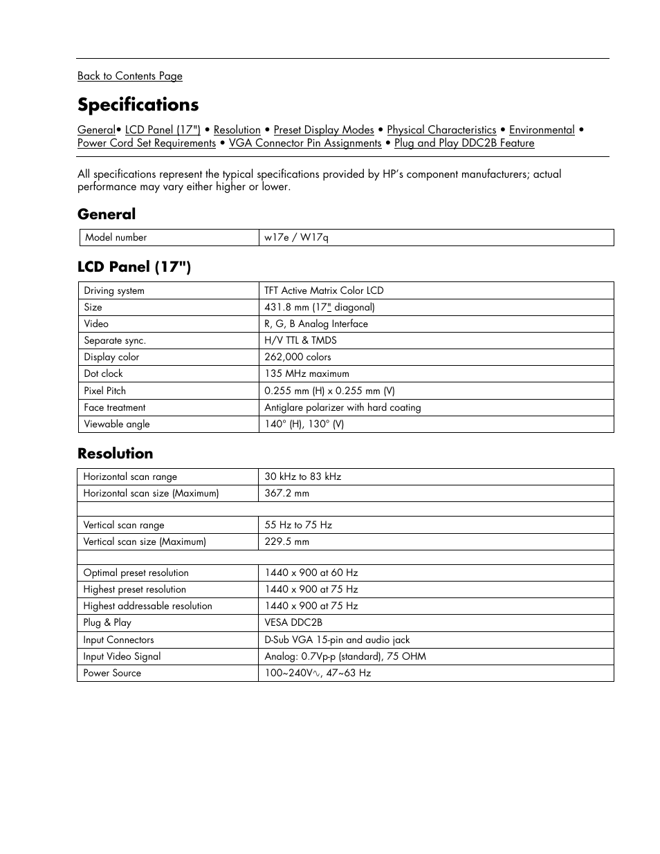Specifications, General, Lcd panel (17”) | Resolution, Lcd panel (17") | HP Pavilion w17e 17 inch Flat Panel Monitor User Manual | Page 19 / 28