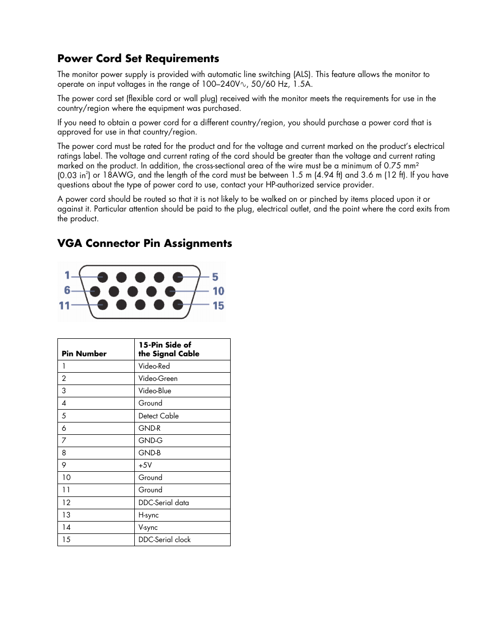 Power cord set requirements, Vga connector pin assignments | HP Pavilion w17e 17 inch Flat Panel Monitor User Manual | Page 21 / 28