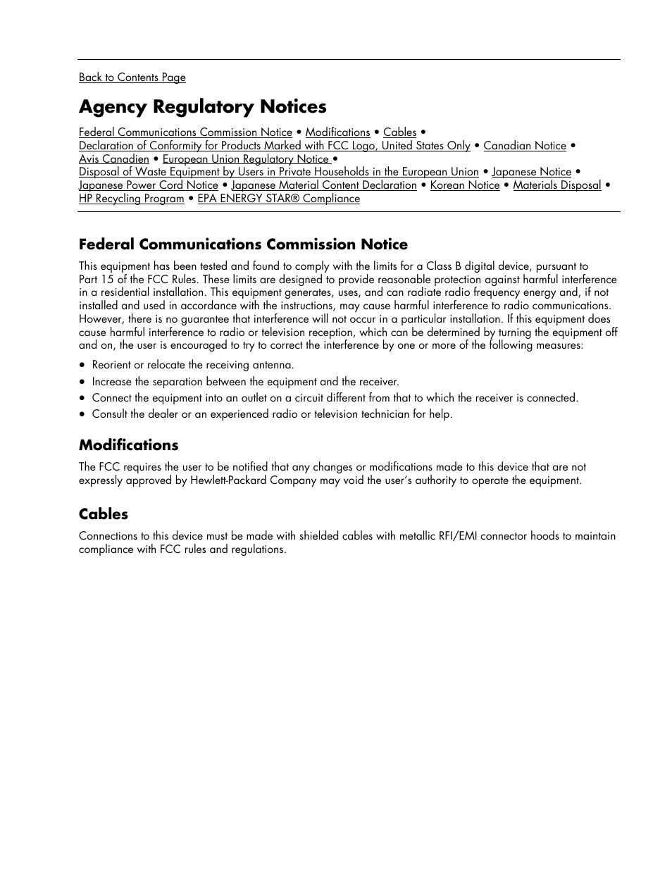 Agency regulatory notices, Federal communications commission notice, Modifications | Cables | HP Pavilion w17e 17 inch Flat Panel Monitor User Manual | Page 23 / 28
