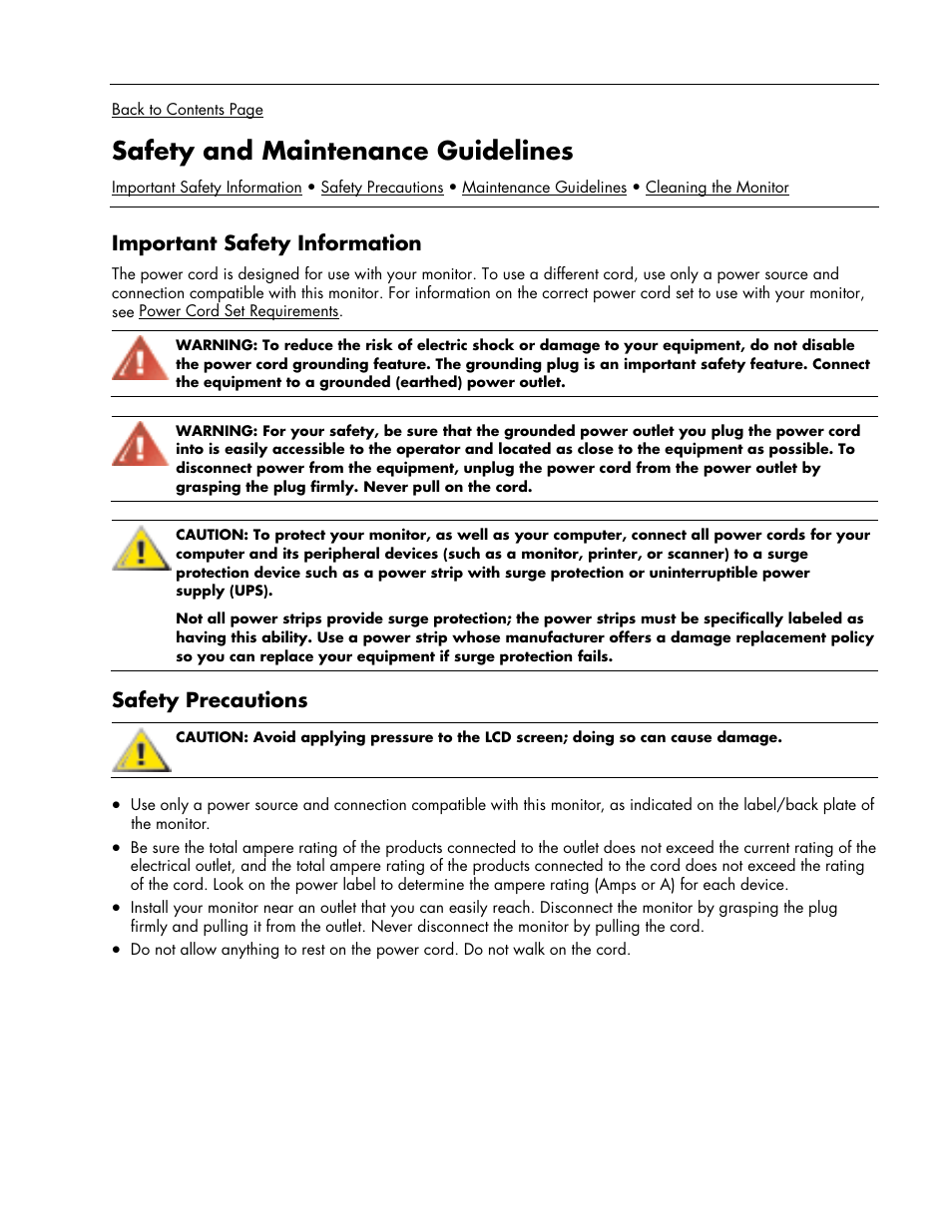 Safety and maintenance guidelines, Important safety information, Safety precautions | HP Pavilion w17e 17 inch Flat Panel Monitor User Manual | Page 3 / 28