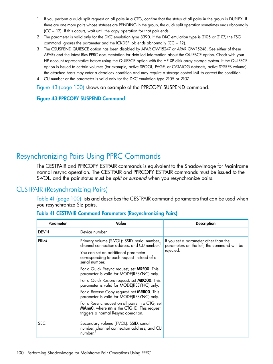 Resynchronizing pairs using pprc commands, Cestpair (resynchronizing pairs) | HP XP Business Copy Software User Manual | Page 100 / 117