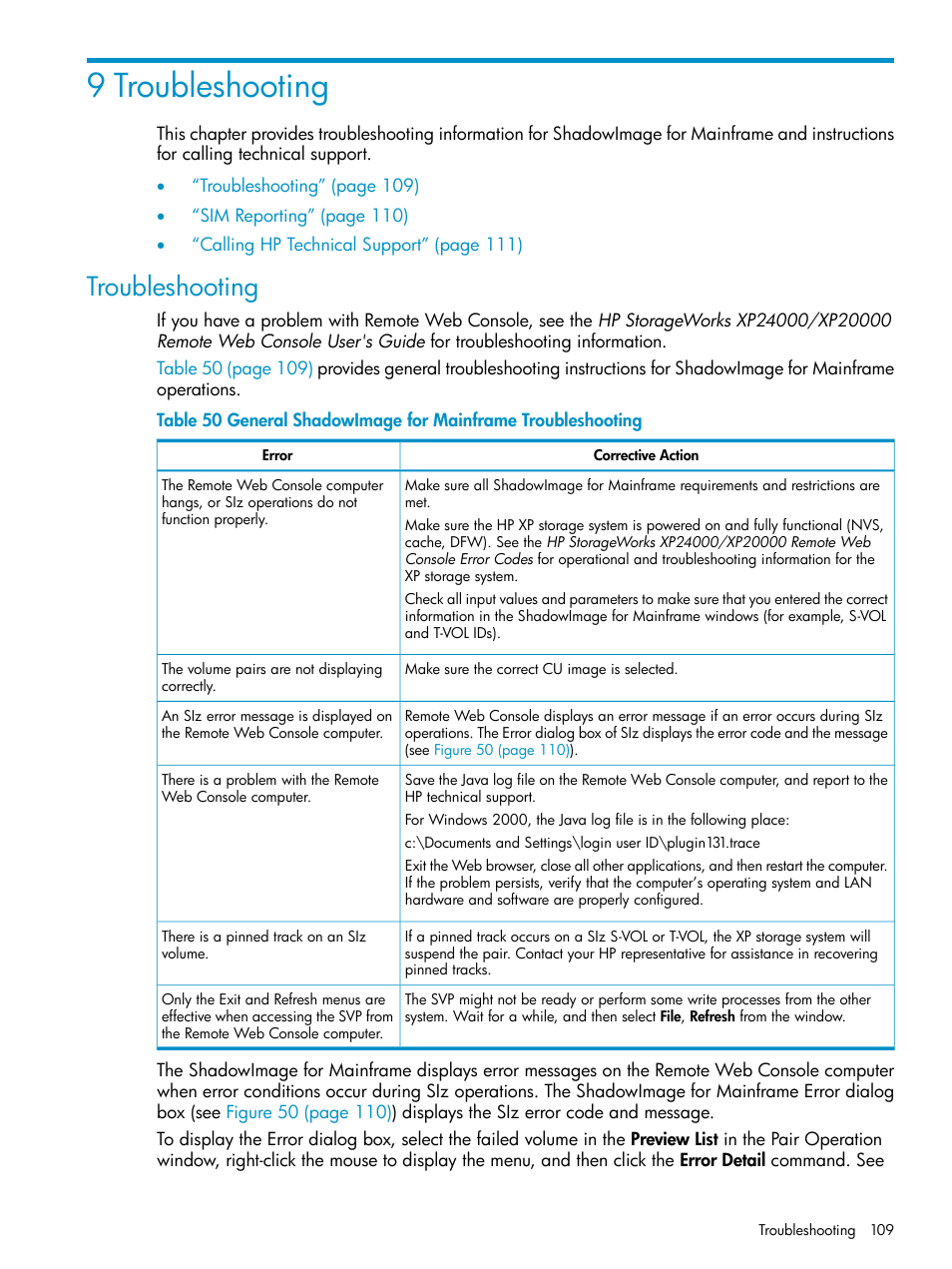 9 troubleshooting, Troubleshooting | HP XP Business Copy Software User Manual | Page 109 / 117