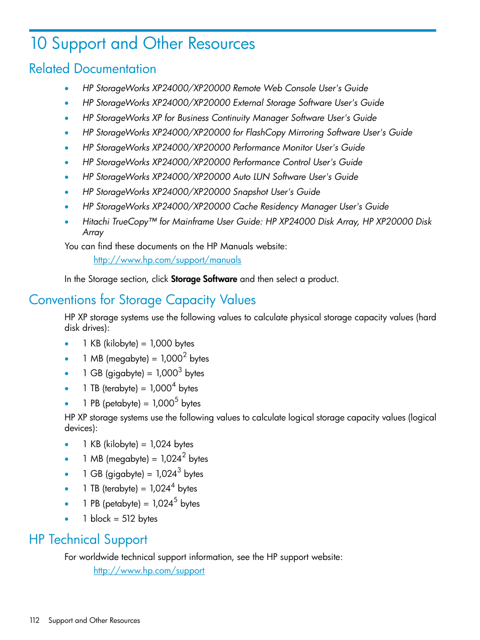 10 support and other resources, Related documentation, Conventions for storage capacity values | Hp technical support | HP XP Business Copy Software User Manual | Page 112 / 117