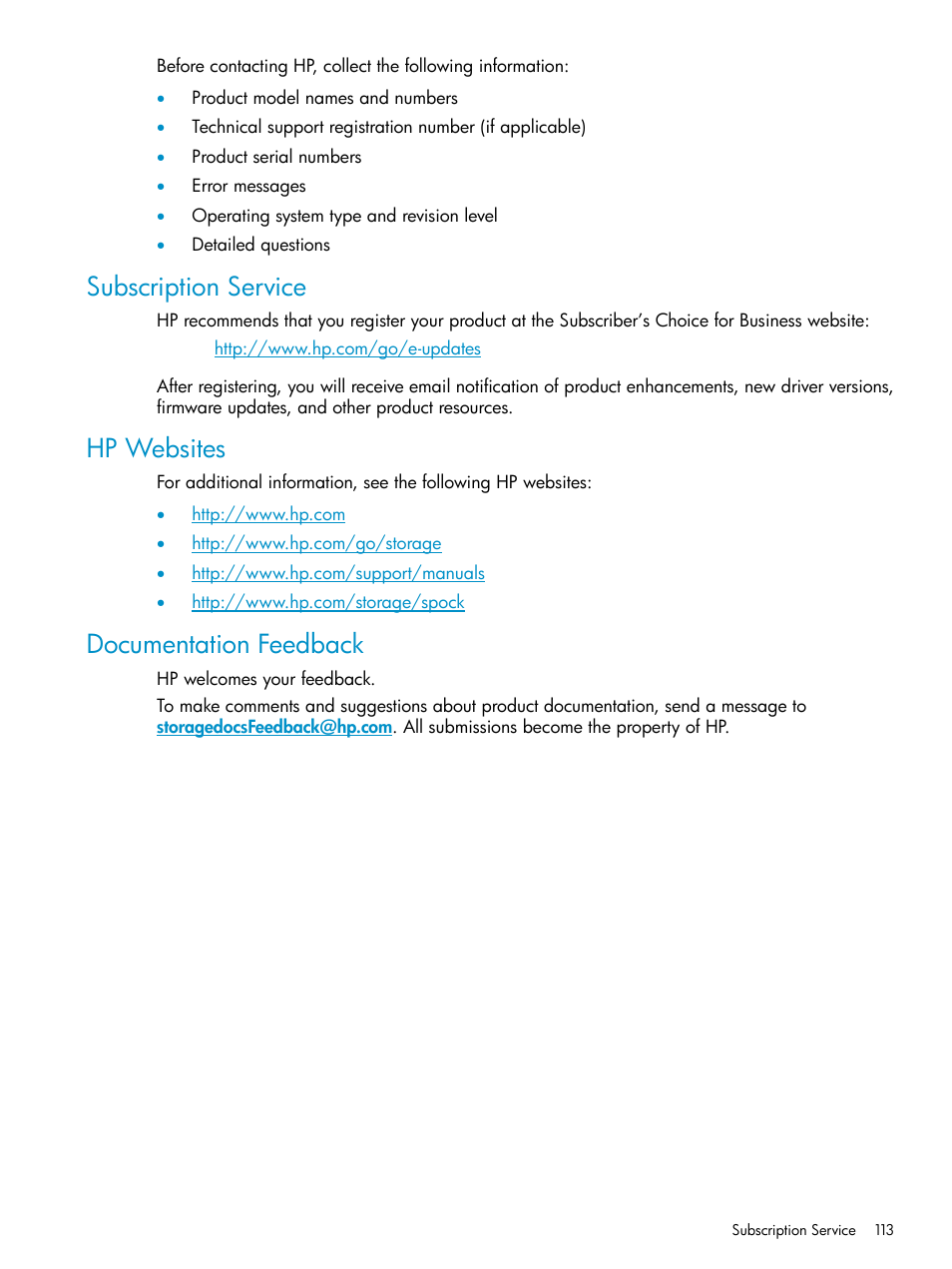 Subscription service, Hp websites, Documentation feedback | HP XP Business Copy Software User Manual | Page 113 / 117