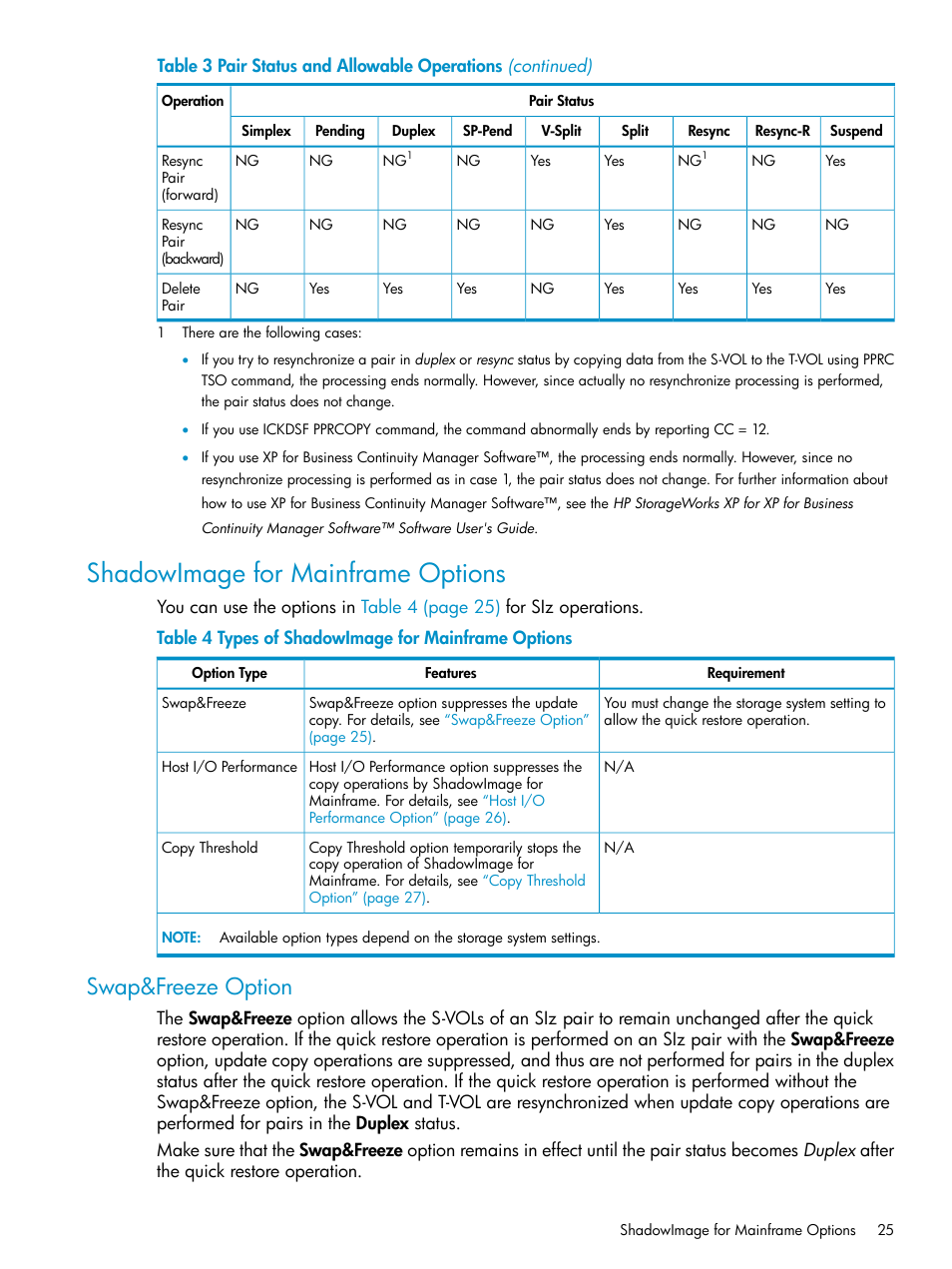 Shadowimage for mainframe options, Swap&freeze option | HP XP Business Copy Software User Manual | Page 25 / 117