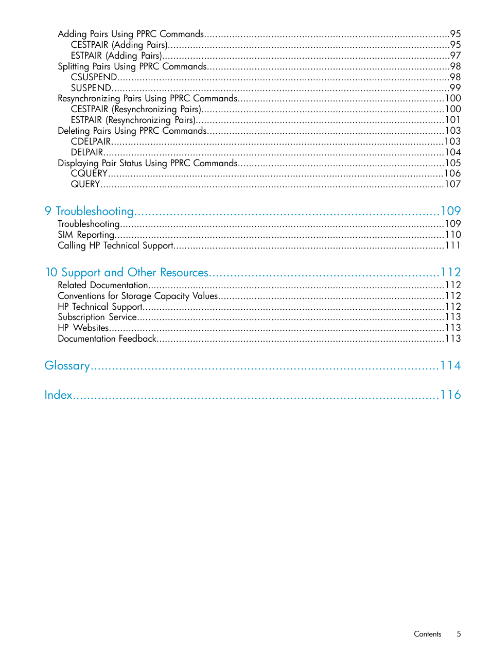 9 troubleshooting, 10 support and other resources, Glossary index | HP XP Business Copy Software User Manual | Page 5 / 117