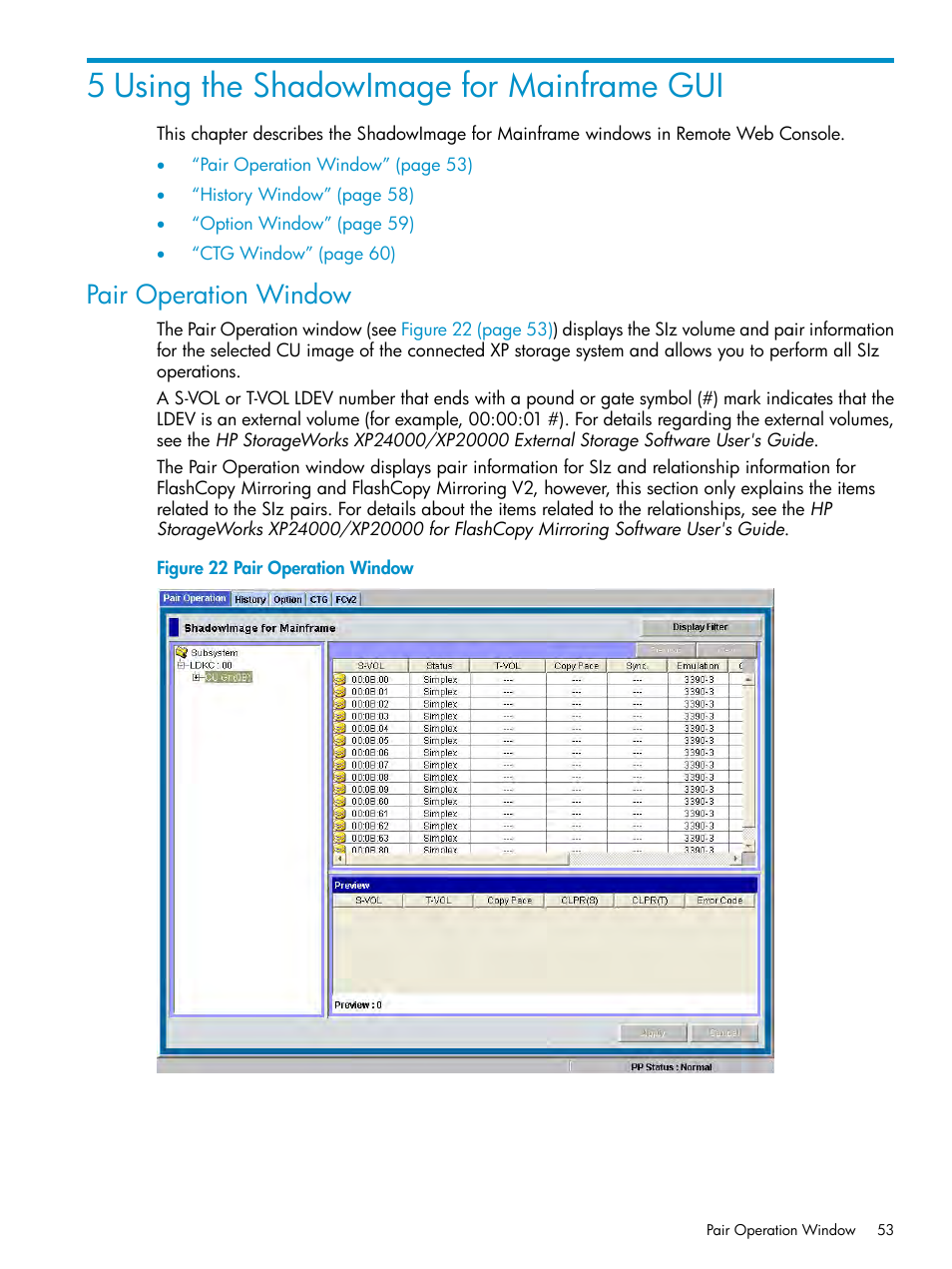 5 using the shadowimage for mainframe gui, Pair operation window | HP XP Business Copy Software User Manual | Page 53 / 117