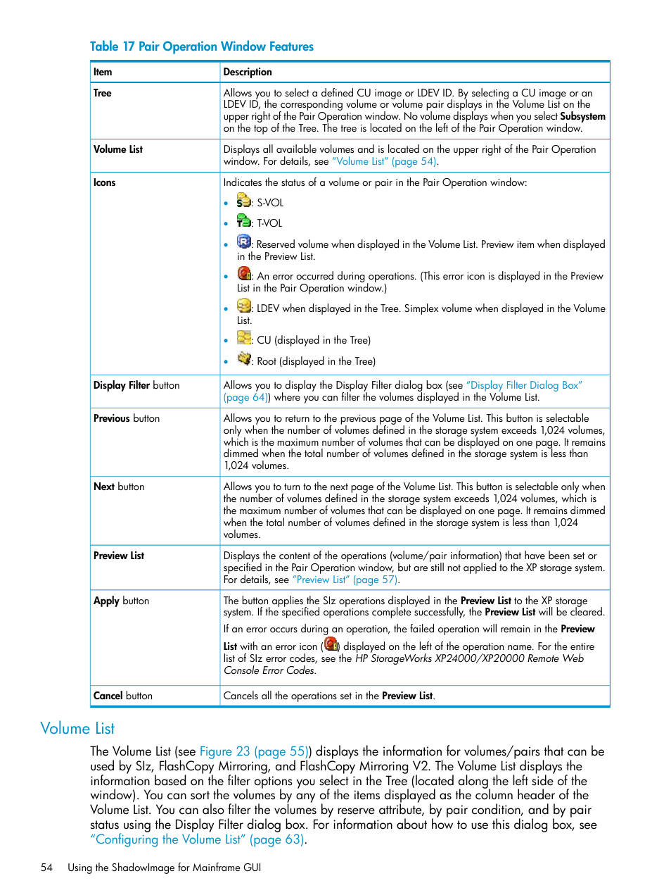 Volume list | HP XP Business Copy Software User Manual | Page 54 / 117