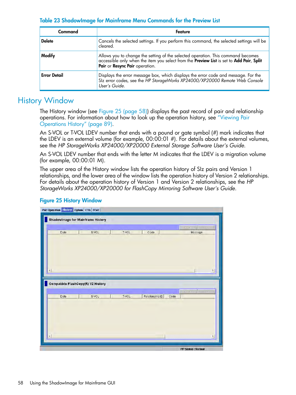 History window | HP XP Business Copy Software User Manual | Page 58 / 117