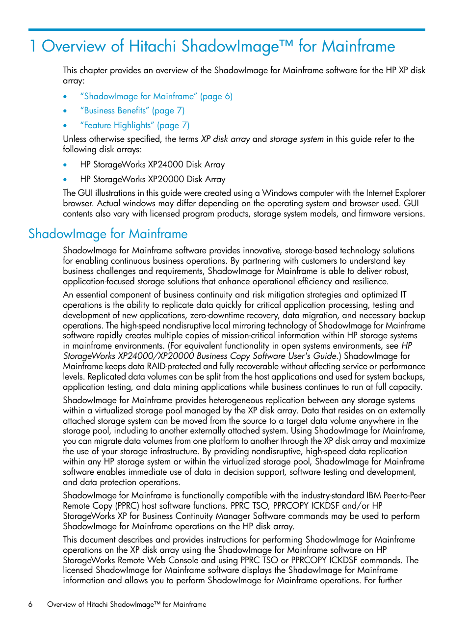 1 overview of hitachi shadowimage™ for mainframe, Shadowimage for mainframe | HP XP Business Copy Software User Manual | Page 6 / 117