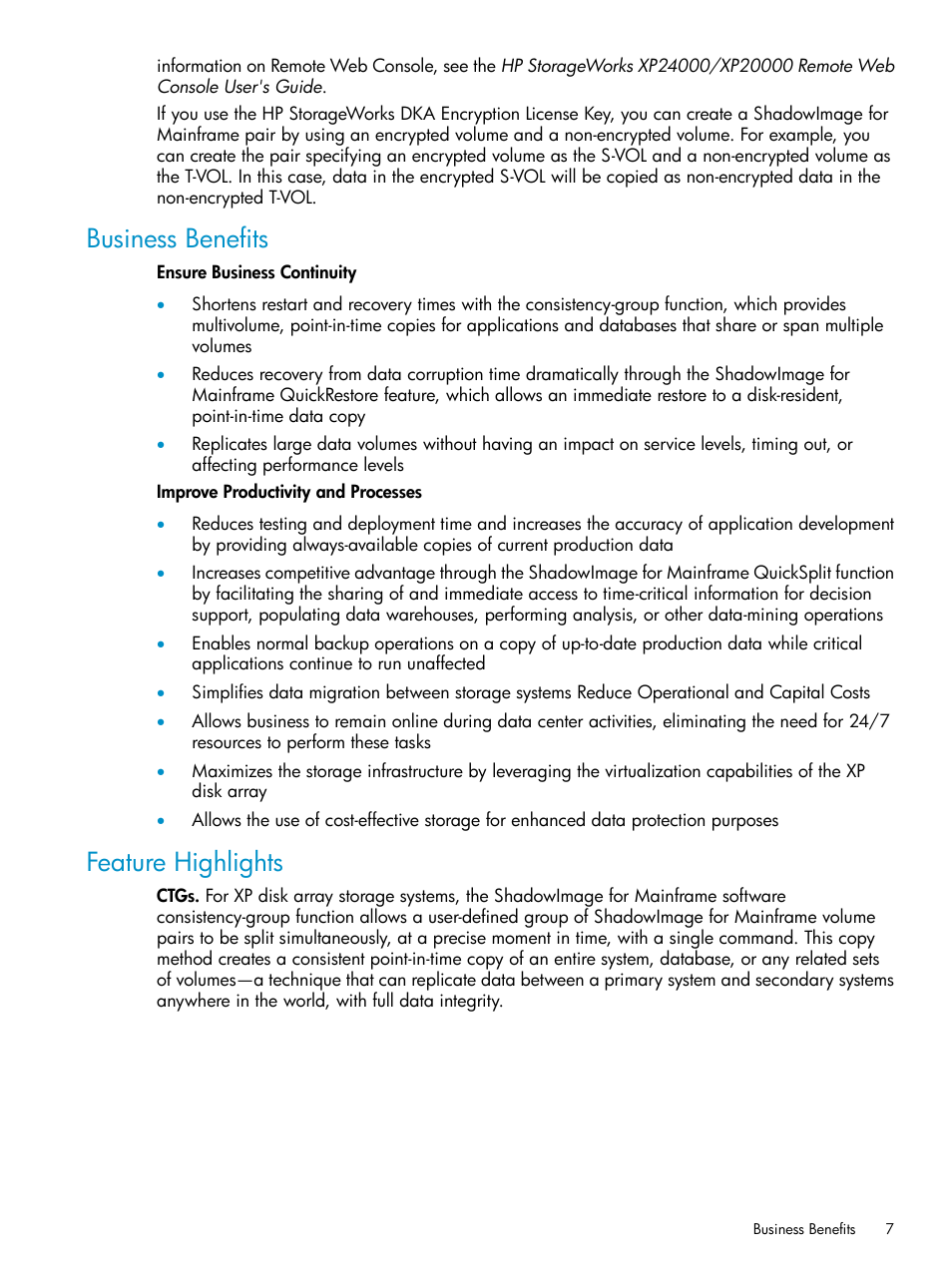 Business benefits, Feature highlights, Business benefits feature highlights | HP XP Business Copy Software User Manual | Page 7 / 117