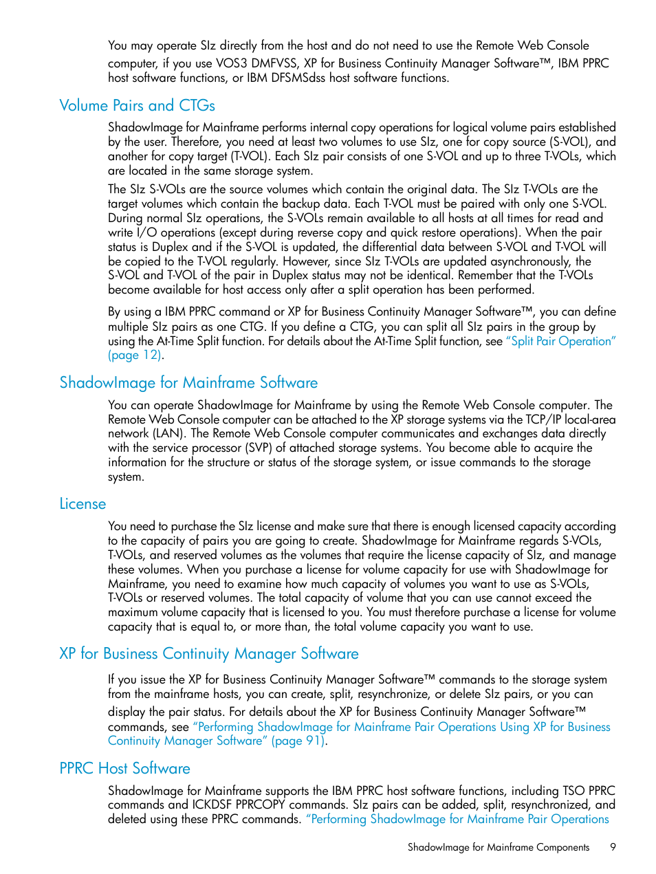 Volume pairs and ctgs, Shadowimage for mainframe software, License | Xp for business continuity manager software, Pprc host software | HP XP Business Copy Software User Manual | Page 9 / 117