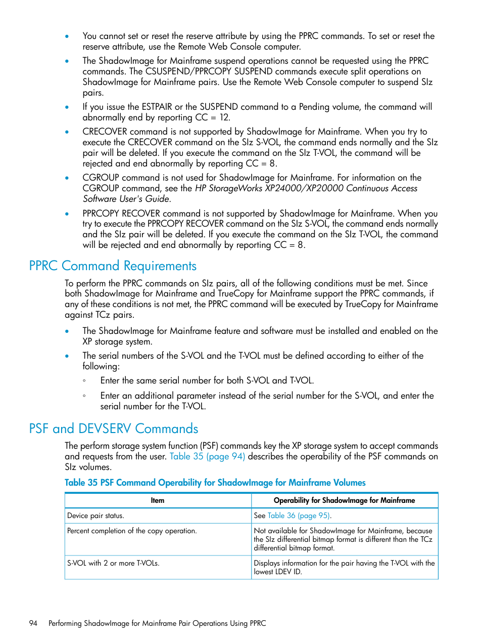 Pprc command requirements, Psf and devserv commands, Pprc command requirements psf and devserv commands | HP XP Business Copy Software User Manual | Page 94 / 117