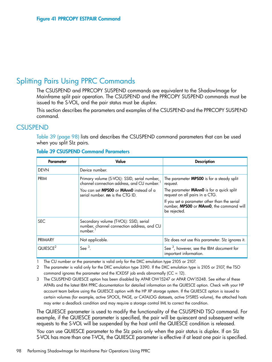 Splitting pairs using pprc commands, Csuspend | HP XP Business Copy Software User Manual | Page 98 / 117