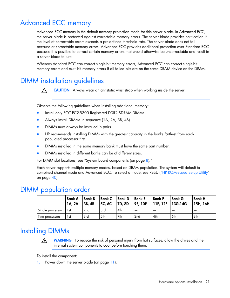 Advanced ecc memory, Dimm installation guidelines, Dimm population order | Installing dimms | HP ProLiant BL495c G5 Server-Blade User Manual | Page 21 / 91