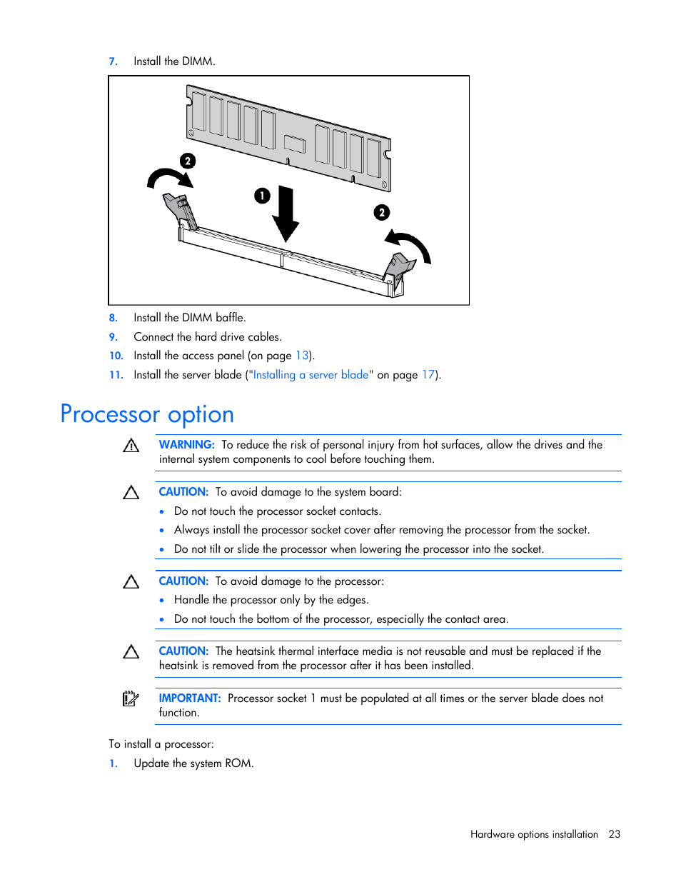 Processor option | HP ProLiant BL495c G5 Server-Blade User Manual | Page 23 / 91