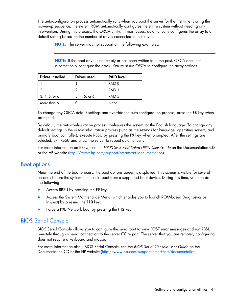 Boot options, Bios serial console, Bios s | Erial console | HP ProLiant BL495c G5 Server-Blade User Manual | Page 41 / 91