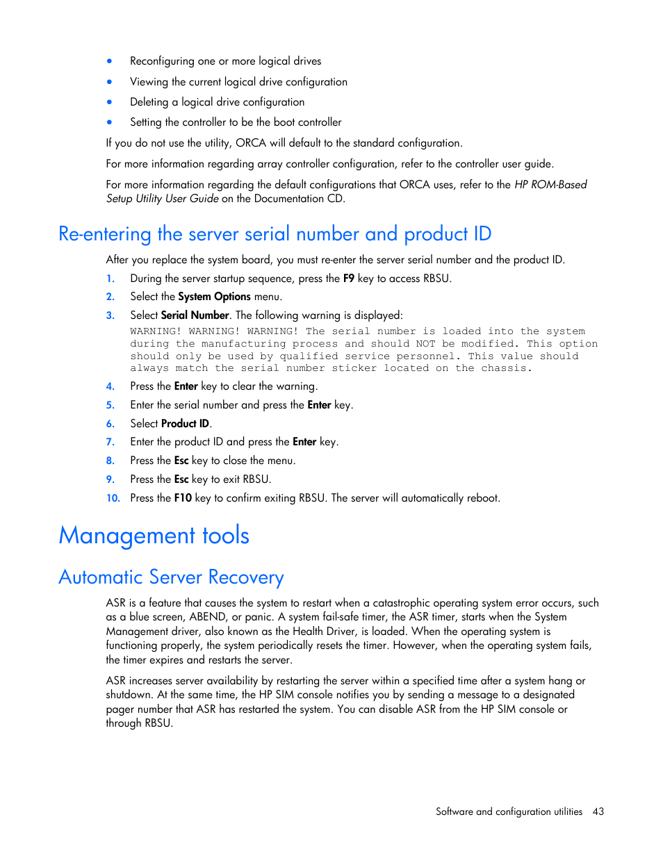 Management tools, Automatic server recovery, Rompaq utility | Agement tools, Re-enteri, Autom, Ng the server serial number and product id, Atic server recovery | HP ProLiant BL495c G5 Server-Blade User Manual | Page 43 / 91