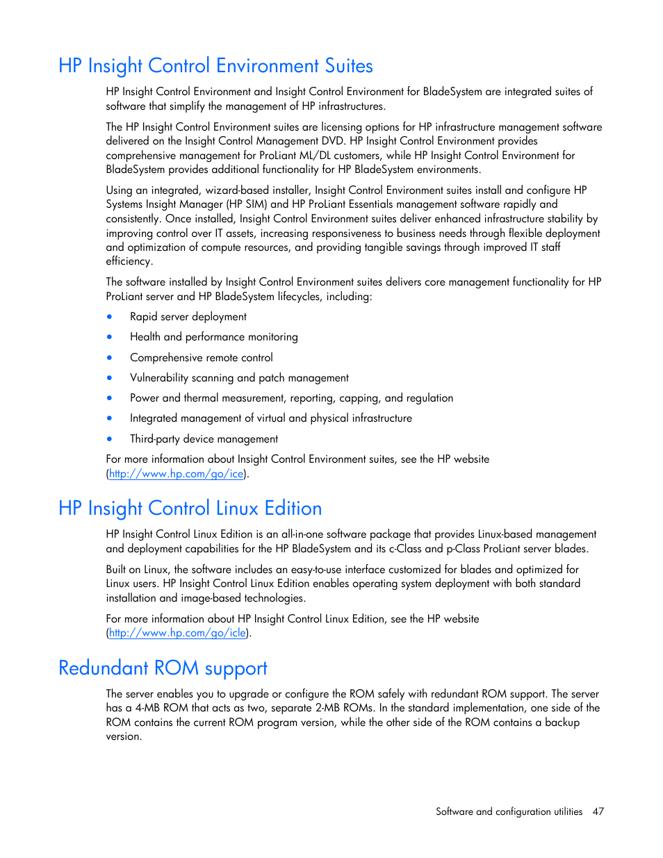 Hp insight control environment suites, Hp insight control linux edition, Redundant rom support | Usb support and functionality, Hp in, Sight control environment suites | HP ProLiant BL495c G5 Server-Blade User Manual | Page 47 / 91