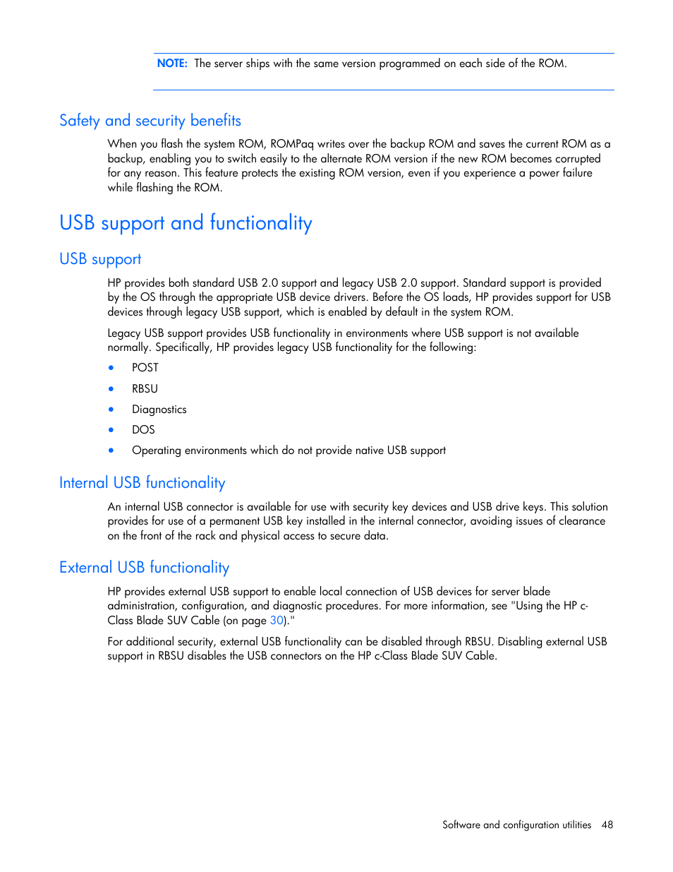 Safety and security benefits, Usb support and functionality, Usb support | Internal usb functionality, External usb functionality, Diagnostic tools, Hp insight diagnostics, Hp insight diagnostics survey functionality, Usb s, Upport and functionality | HP ProLiant BL495c G5 Server-Blade User Manual | Page 48 / 91