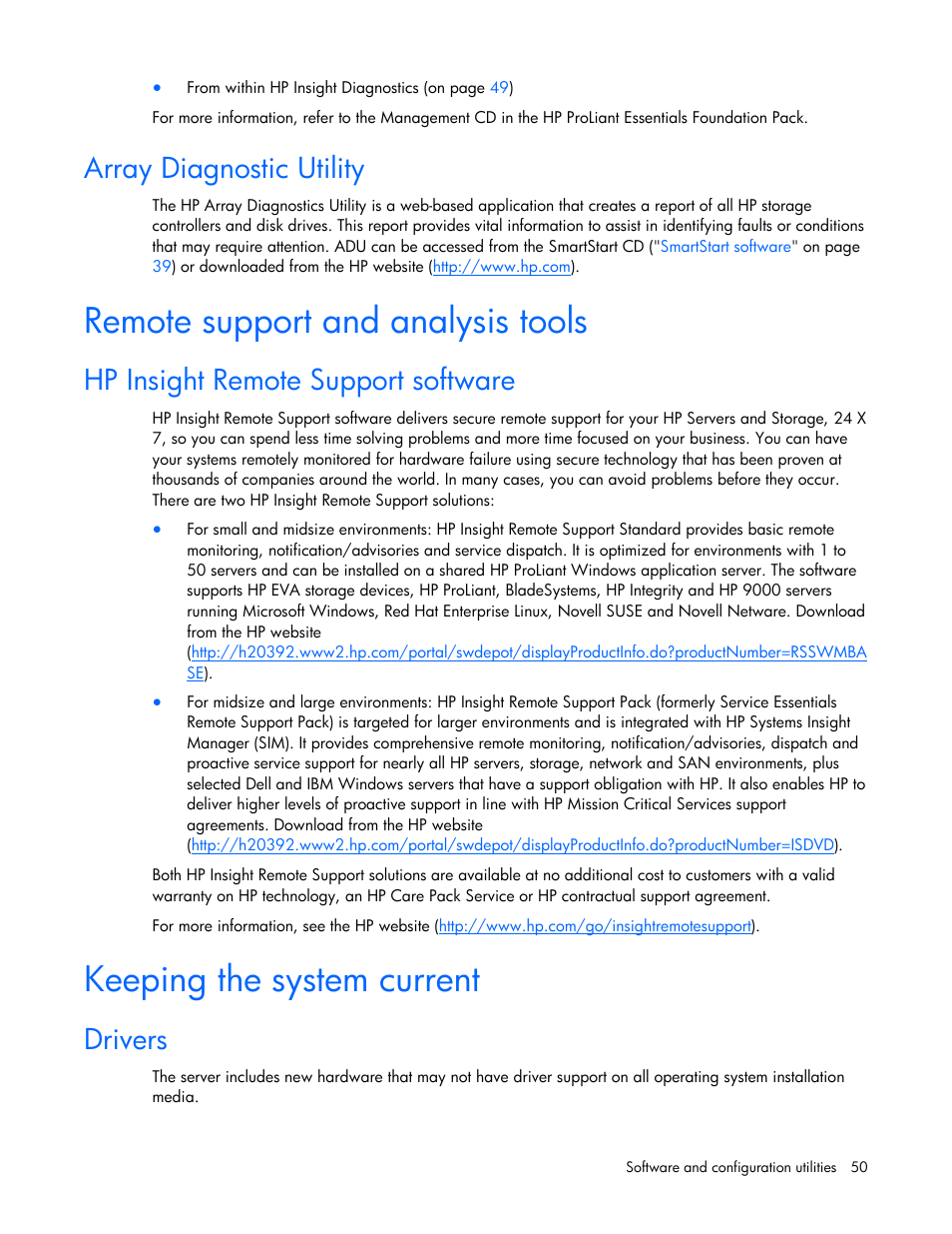 Array diagnostic utility, Remote support and analysis tools, Hp insight remote support software | Keeping the system current, Drivers, Proliant support packs, Operating system version support, Ote support and analysis tools, Array di, Agnostic utility | HP ProLiant BL495c G5 Server-Blade User Manual | Page 50 / 91