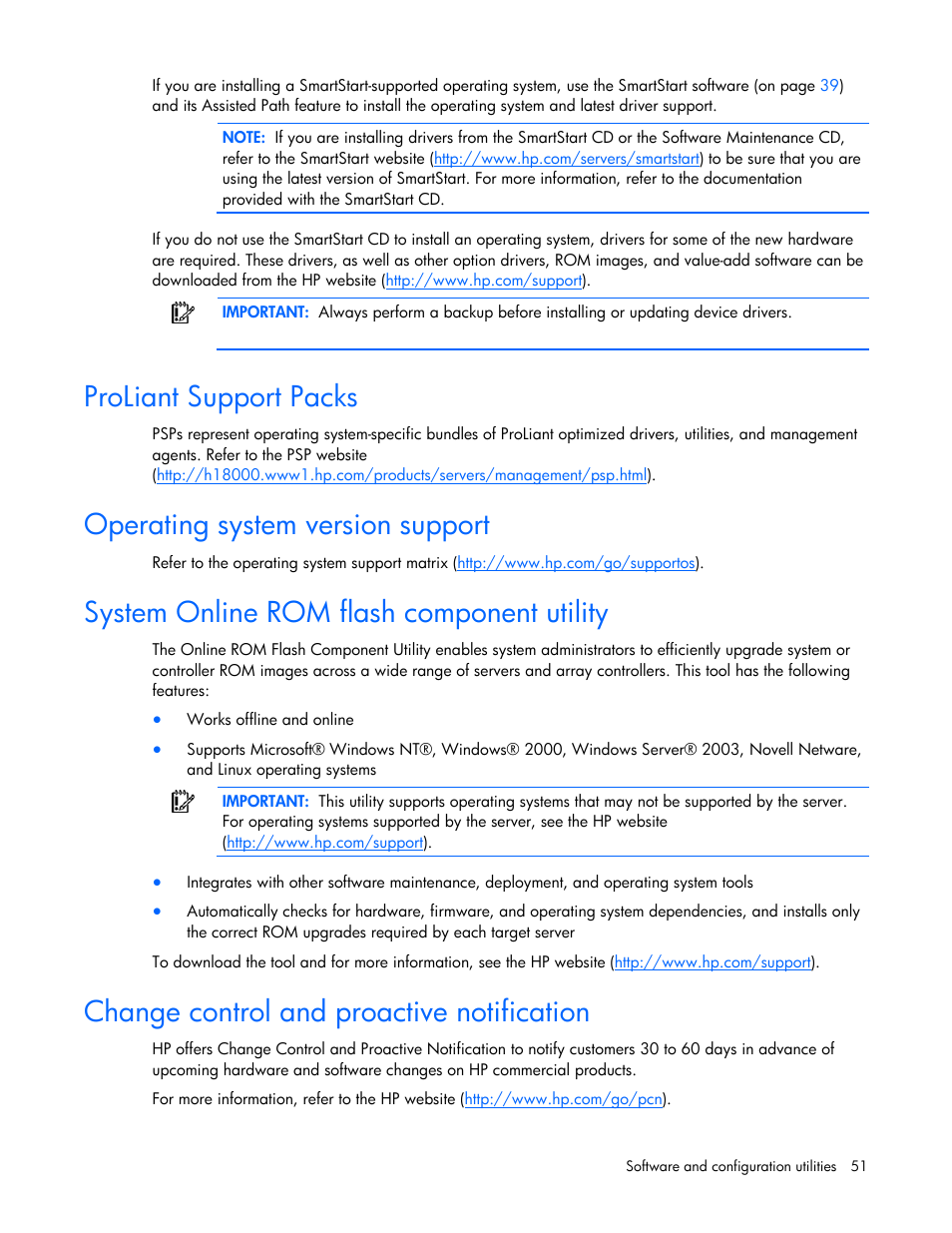 Proliant support packs, Operating system version support, System online rom flash component utility | Change control and proactive notification, Care pack, Prolia t, N support packs, Oper, Ating system version support, Ine rom flash component utility | HP ProLiant BL495c G5 Server-Blade User Manual | Page 51 / 91