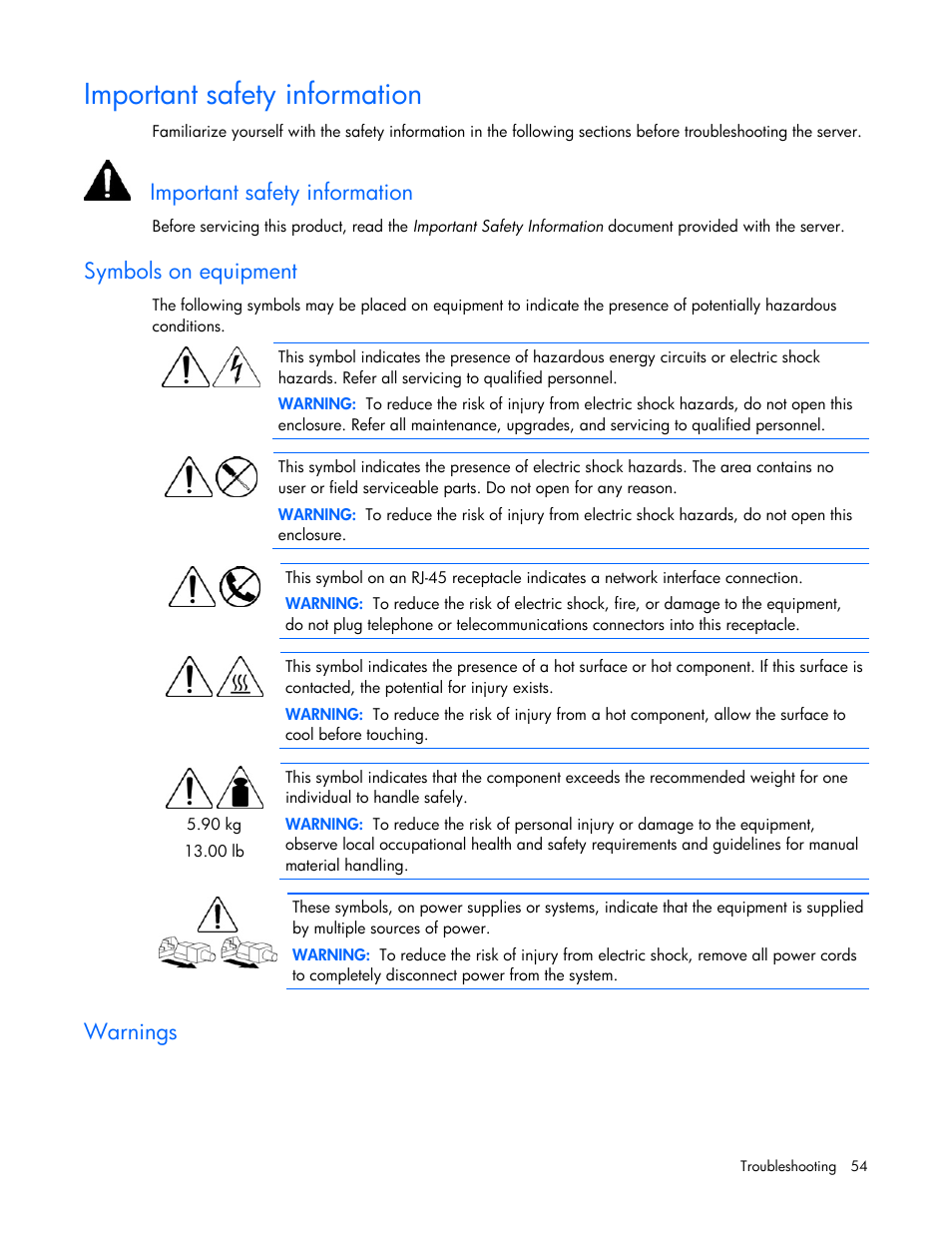 Important safety information, Symbols on equipment, Warnings | Symptom information, Prepare the server for diagnosis, Importa s, Nt afety information, Importa, Nt safety information | HP ProLiant BL495c G5 Server-Blade User Manual | Page 54 / 91