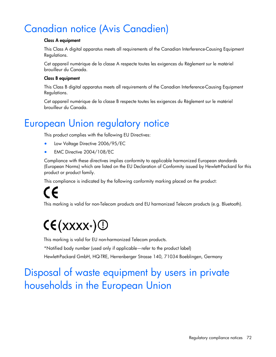 Canadian notice (avis canadien), European union regulatory notice, Laser compliance | Battery replacement notice, Europ n, Ea union regulatory notice | HP ProLiant BL495c G5 Server-Blade User Manual | Page 72 / 91