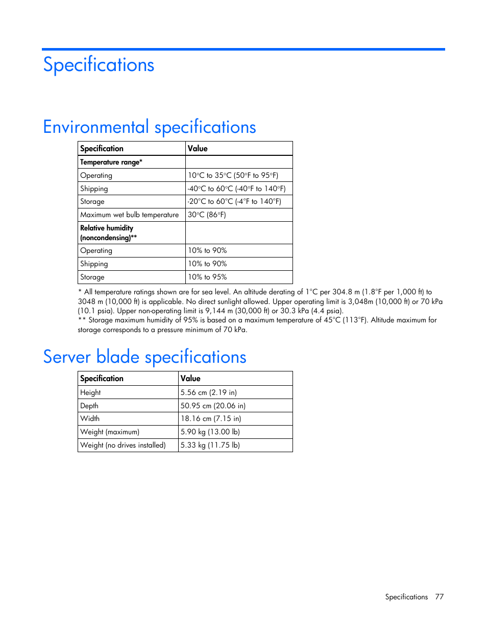 Specifications, Environmental specifications, Server blade specifications | HP ProLiant BL495c G5 Server-Blade User Manual | Page 77 / 91