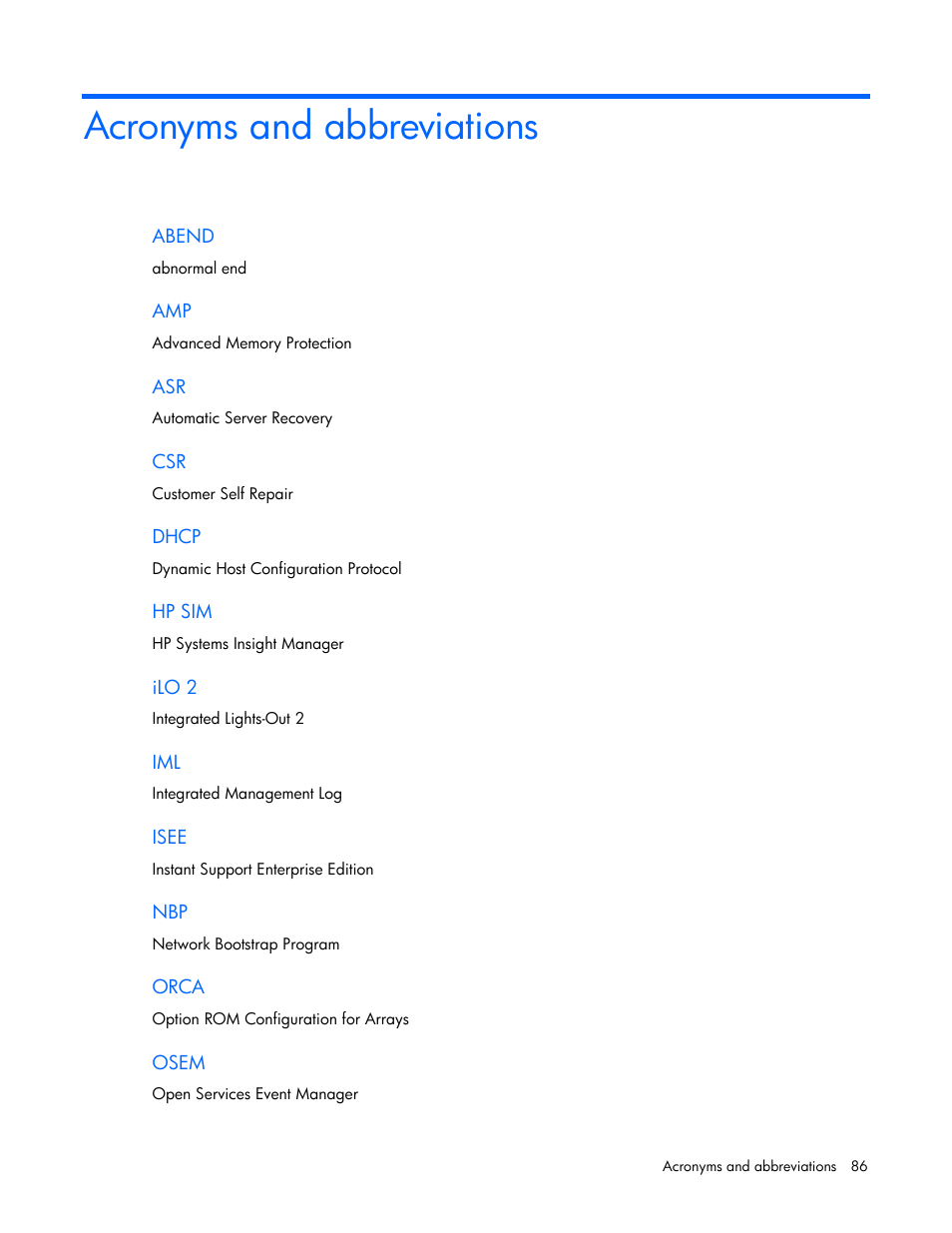 Acronyms and abbreviations, Acro abbreviations nyms and | HP ProLiant BL495c G5 Server-Blade User Manual | Page 86 / 91