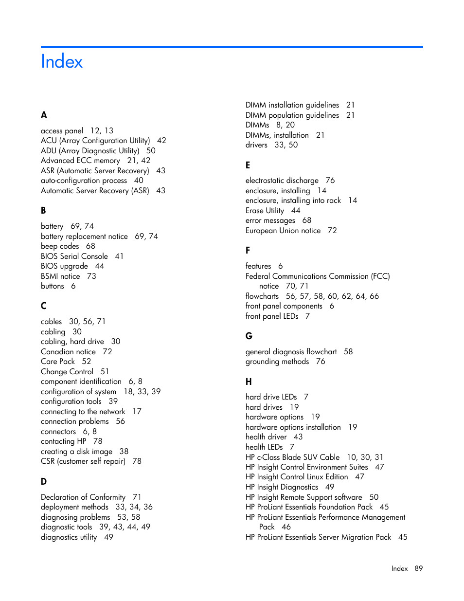 Index | HP ProLiant BL495c G5 Server-Blade User Manual | Page 89 / 91