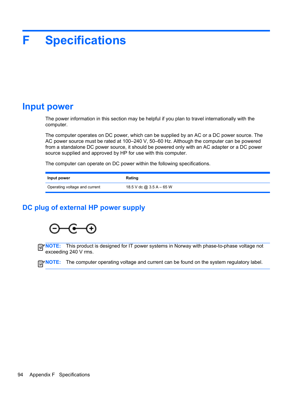 Specifications, Input power, Dc plug of external hp power supply | Appendix f specifications, Fspecifications | HP Pavilion dm1-4171nr Entertainment Notebook PC User Manual | Page 104 / 109