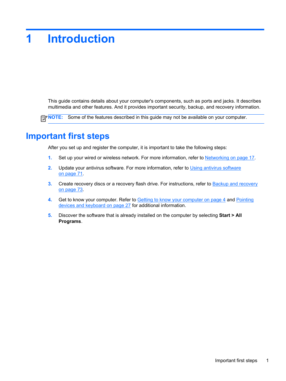 Introduction, Important first steps, 1 introduction | 1introduction | HP Pavilion dm1-4171nr Entertainment Notebook PC User Manual | Page 11 / 109