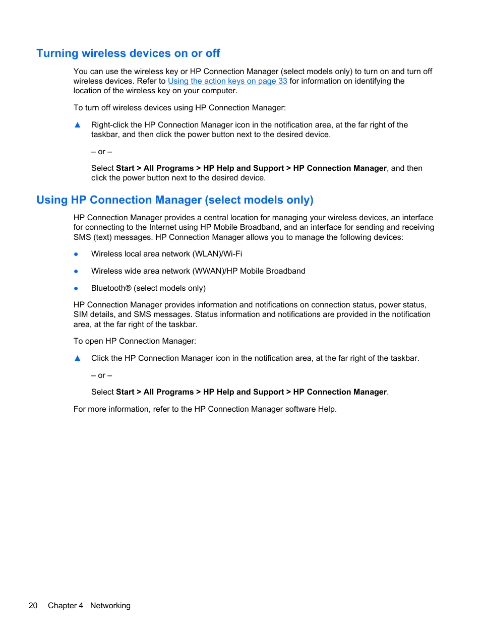 Turning wireless devices on or off, Using hp connection manager (select models only) | HP Pavilion dm1-4171nr Entertainment Notebook PC User Manual | Page 30 / 109